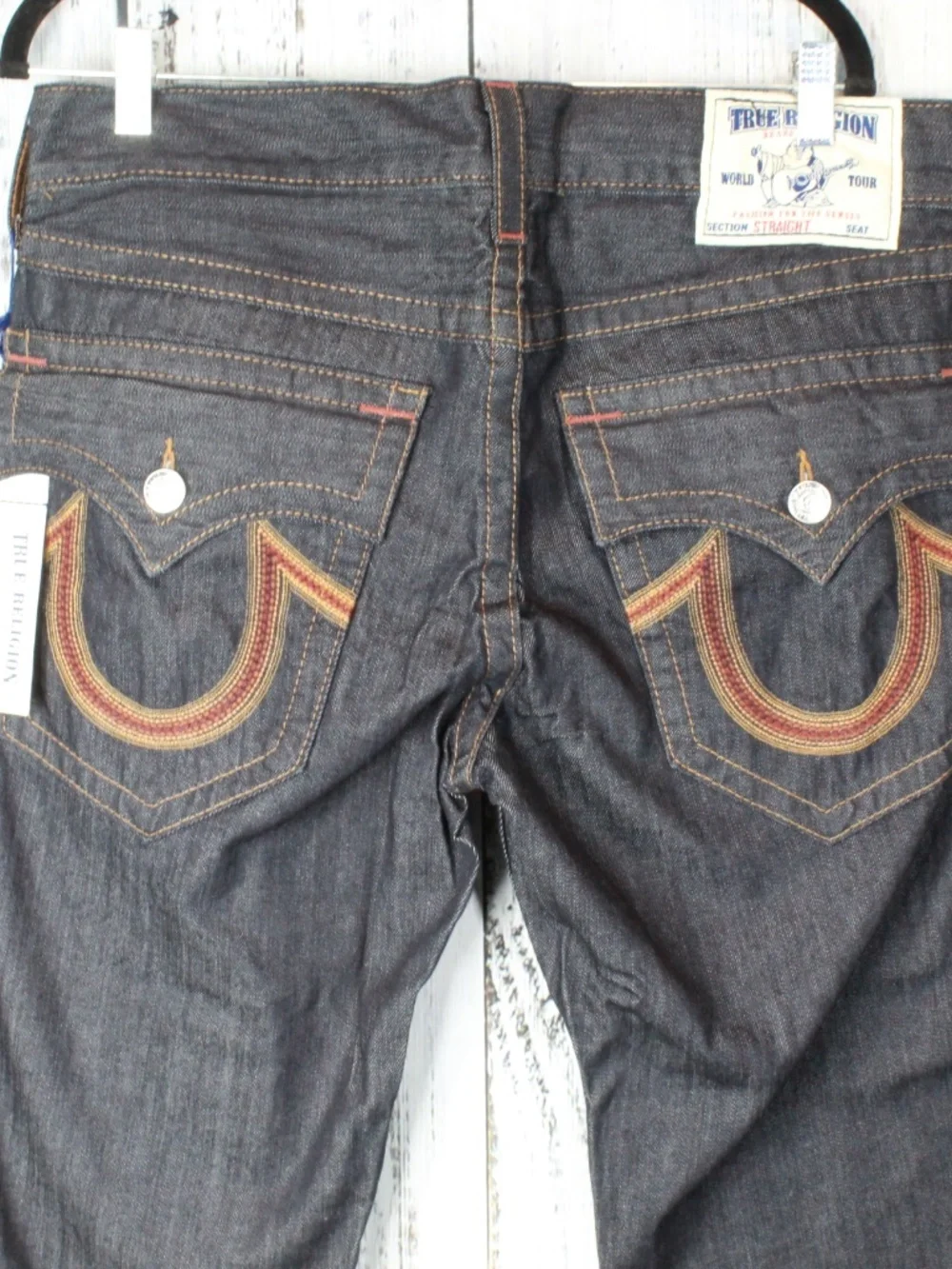 NWT True Religion Straight Leg Flap Jeans Sunset Logo Orange Red Stitch Size 33
